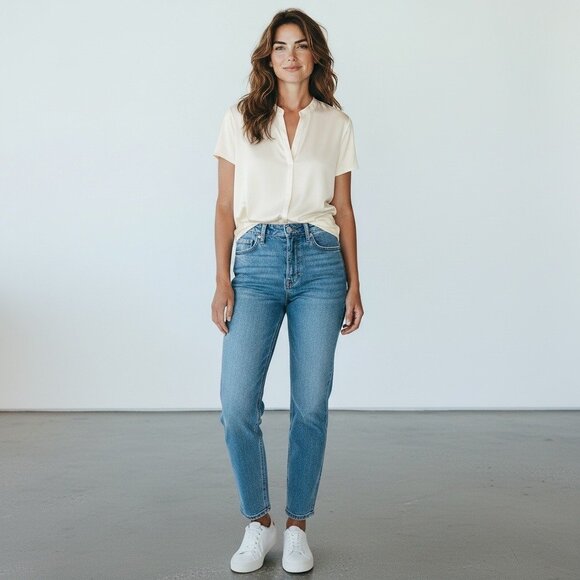 a new day Tops - A New Day Womens Cream Short-Sleeve Button-Up Shirt Blouse Size Large